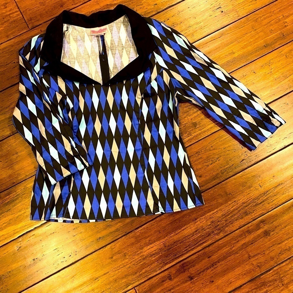 𝅺NWOT Authentic Pinup Couture Blouse. Harlequin print.